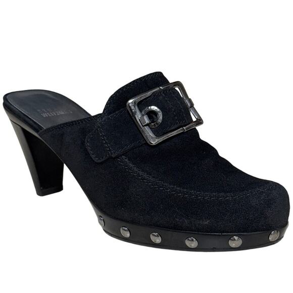 Stuart Weitzman Shoes - Y2K Stuart Weitzman Black Suede Heeled Studded Buckle Heeled Mules Size 7.5